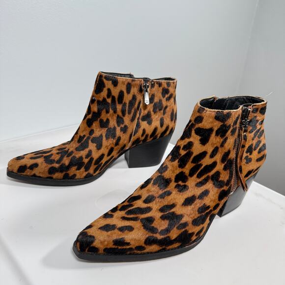 Sam Edelman Leopard Print Calf Hair Ankle Boots Block Heel Western Pointed Toe 8 - Picture 1 of 10